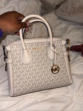 Michael Kors Cream and Light Gray MK Logo Satchel with Gold Hardware
